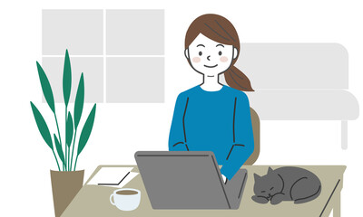 在宅ワークをする女性と昼寝をする猫