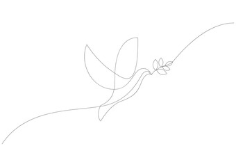 Continuous line concept sketch drawing of dove with olive branch. Peace symbol. Vector illustration - obrazy, fototapety, plakaty