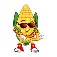 Cute corn character with sunglasses and gold chain. Vector hand drawn cartoon kawaii mascot illustration icon. Isolated on white background. Corn character concept