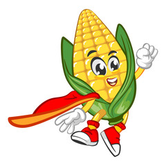 Cute corn character being superhero. Vector hand drawn cartoon kawaii mascot illustration icon. Isolated on white background. Corn character concept