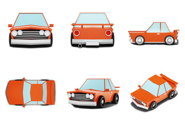 3d rendering of orange toy car. Red vehicle in cute cartoon style.