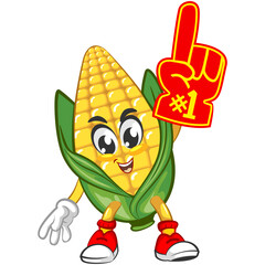 Cute corn character is pointing a finger foam. Vector hand drawn cartoon kawaii mascot illustration icon. Isolated on white background. Corn character concept