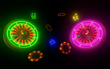 Realistic roulette wheel with neon lights and flying gold coins on black background. Realistic casino roulette table, chips and playing dice. Gambling concept design. 3d rendering.