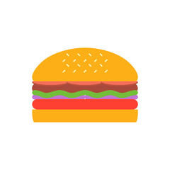 Delicious hamburger. Vector flat design burger icon. Burger with salad, tomatoes, cheese and cutlet. Fast food. Vector illustration