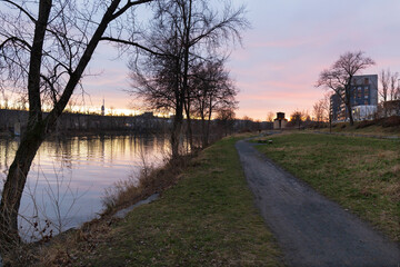 Red sunset over evening Prague District Holesovice, the most cool District of Prague, Czech Republic