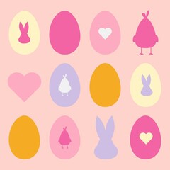 Cute Easter eggs pattern, minimalistic shapes of egg, chick, bunny and heart, set of isolated vector icons