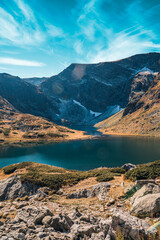 Sunrise aerial view of seven rila lakes in Bulgaria