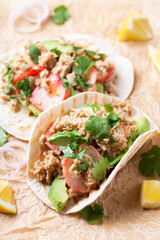 Tacos with Plant based canned tuna and vegan crab