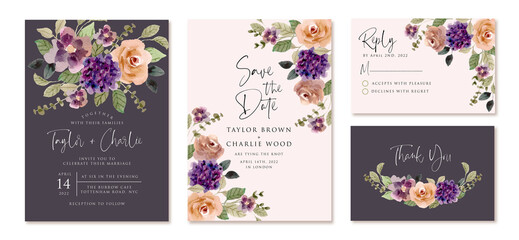 wedding invitation set with purple yellow floral watercolor