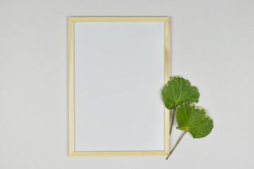 Empty wooden picture frame with green leaf on the side.