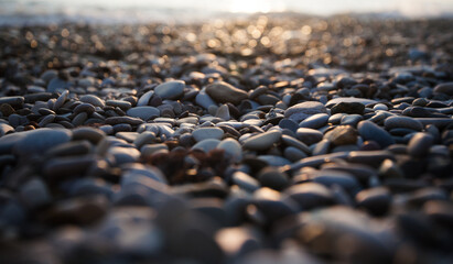 Beautiful multicolored stones on the pebbly beach of the Mediterranean sea at sunset