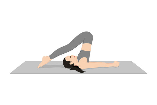 Plough Pose. Beautiful girl practice  Halasana. Young attractive woman practicing yoga exercise. working out, black wearing sportswear, grey pants and top, indoor full length, calmness and relax.