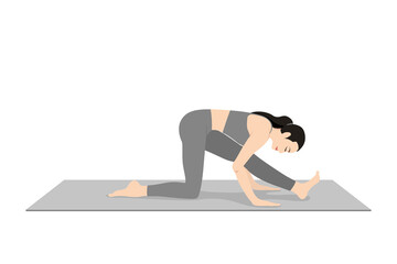Fototapeta premium Half Splits Pose, Half Monkey Pose . Beautiful girl practice Ardha Hanumanasana. Young attractive woman practicing yoga exercise. working out, black wearing sportswear, grey pants and top, indoor