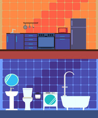 Modern interior of the bathroom with furniture . Modern bathroom design, in pink and blue background.