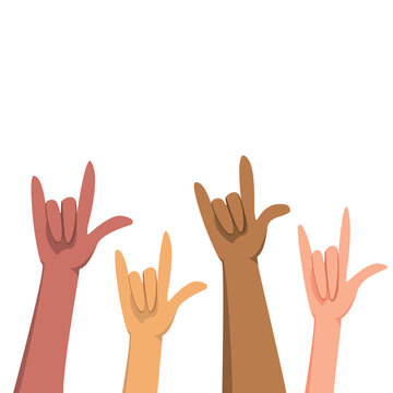 ILY Diversity Raised Up Hand Gesture with diverse skin tone. Isolated on white background. Unity concept with ‘I love you’ sign language.