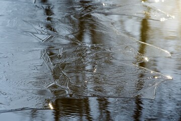 Beautiful Water Frosts. Creating patterns. This year's first frost struck. Water changes to ice. The sun rises to the surface and the shadows of the trees are thrown away. Winter takes its seasons.
