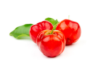 Acerola Cherry or Barbados Cherry with green leaf isolated on white background.