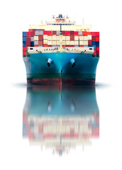 Container Cargo Ship and Tug boat isolated on white background, Freight Transportation and Logistic...