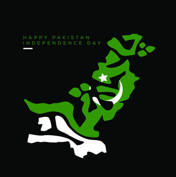 Happy Pakistan Independence Day. Pakistan Map Lettering In Urdu Script. Pakistan Map And Flag.