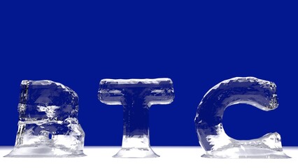BTC word from melting ice letters for BITCOIN crypto currency price reduction concept with copy space. 3d Rendering - Illustration