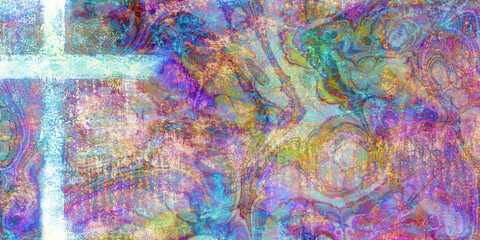 light blue cross on chaotic multicolored texture - obrazy, fototapety, plakaty