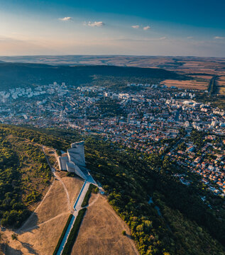 Aerial view ofThe Monument to 1300 Years of Bulgaria, also known as the Founders of the Bulgarian State designed by Bulgarian sculptors Krum Damyanov and Ivan Slavov.