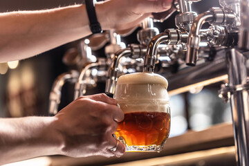 Tapping a half dark and half light beer into a mug by a bartender - obrazy, fototapety, plakaty