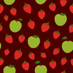 Fototapeta na wymiar Seamless vector pattern of strawberries and apples. Decoration print for wrapping, wallpaper, fabric, textile.