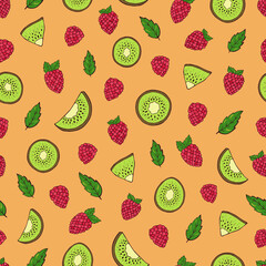 Seamless vector pattern of kiwi and raspberries. Decoration print for wrapping, wallpaper, fabric, textile.
