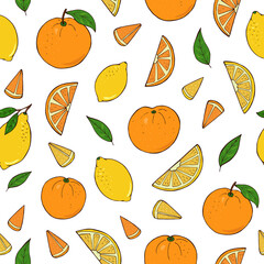 Seamless vector pattern of oranges fruits and lemons. Decoration print for wrapping, wallpaper, fabric, textile.