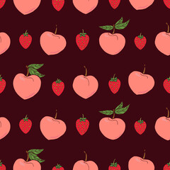 Seamless vector pattern of peaches and strawberries. Decoration print for wrapping, wallpaper, fabric, textile.