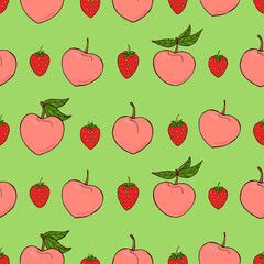 Seamless vector pattern of peaches and strawberries. Decoration print for wrapping, wallpaper, fabric, textile.