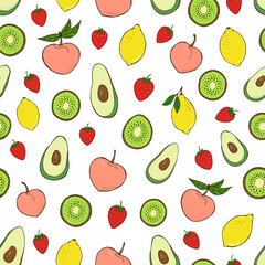 Seamless vector pattern of fruits and berries. Decoration print for wrapping, wallpaper, fabric, textile.