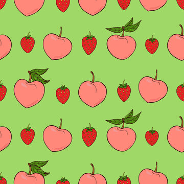 Seamless vector pattern of peaches and strawberries. Decoration print for wrapping, wallpaper, fabric, textile.