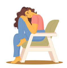 Young sad girl sitting in the chair. Concept of sadness, confusion, deep in thoughts, stress and burnout. Flat vector illustration.