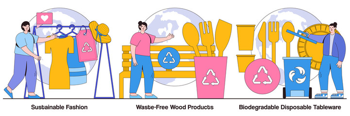 Sustainable Fashion, Waste-Free Wood Products, and Biodegradable Disposable Tableware Illustrated Pack