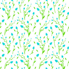 Cute and beautiful seamless floral pattern with flowers. Blue spring flowers on white background. Print for printing on fabric, wallpaper, paper. Flat style. Vector graphics.