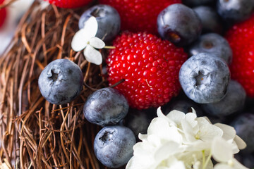 Ripe blueberries and Tibetan raspberries lie in a basket of vines