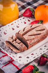 Breakfast served with coffee, orange juice, croissants, cereals and fruits and amazing bread. Balanced diet.