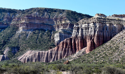 View of The Chiflon (Sound of Wind) an ecological and archaeological reserve plenty of colored mountains eroded through centuries bay water and wind erosion. La Rioja Province, Argentina.