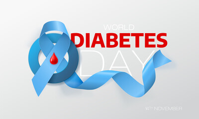 World Diabetes Day. Poster with ribbon with a drop of blood and Blue Circle symbol of Diabetes day