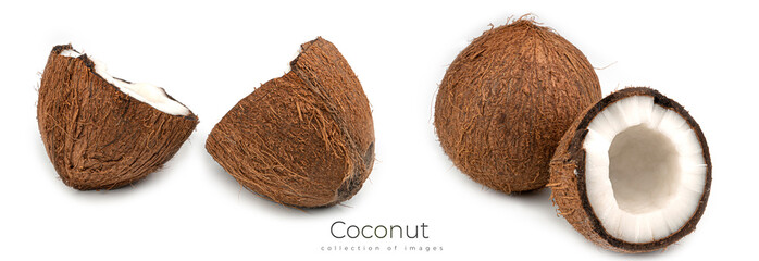 A broken coconut on a white background. Macro photo.