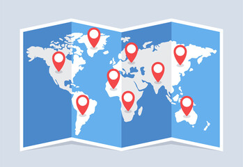World travel map. World map with point markers. Vector illustration.