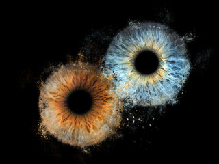 Two human eyes collision on black background