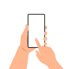 Male hand holding black smartphone, touching blank screen. Using mobile smartphone. Vector.