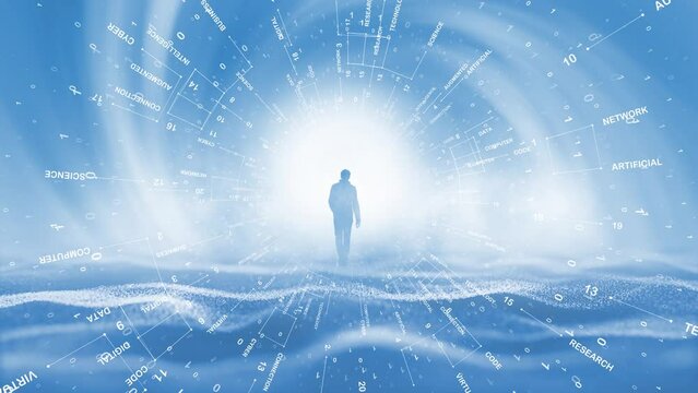 Futuristic walk inside digital metaverse cyberspace artificial intelligence tunnel.