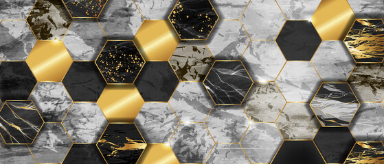 Marble hexagon tile background, glitter decoration, golden vector stone texture abstract wallpaper. Black honeycomb wall print, mosaic elegant geometric backdrop. Architecture hexagon marble wall - obrazy, fototapety, plakaty