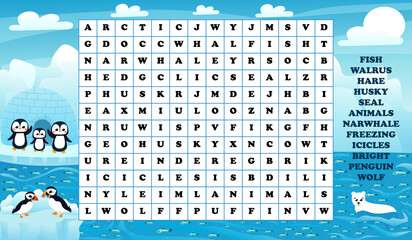 Educational word search game for kids with arctic animals, seal, penguins and polar bear, puffin © Iryna Lozovytska