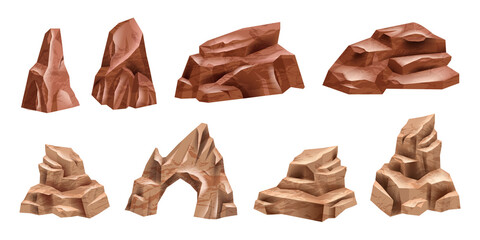 Desert rock vector set, Mexico eroded nature boulder isolated on white, cartoon stone canyon arc. Drought environment game object, west raw terrain formation, Mars dry cracked cliff kit. Desert rock