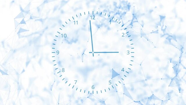 Digital technology time clock  with lines dots and triangle shapes looping animation.